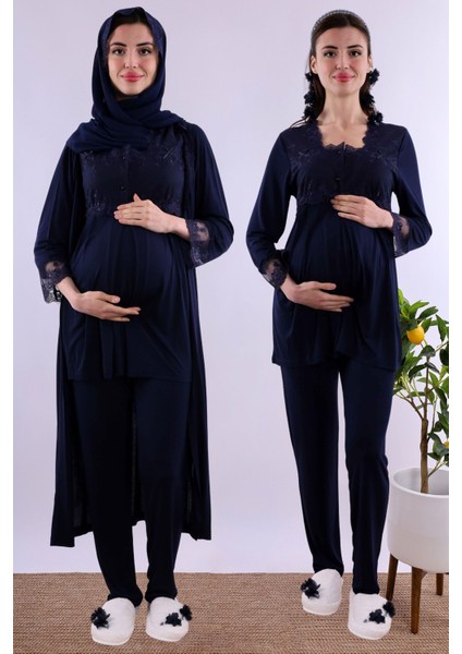 Lacivert Tesettürlü Uzun Sabahlıklı Hamile Lohusa Pijama Takımı BYL2T24072