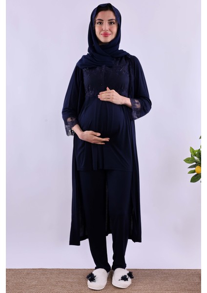 Lacivert Tesettürlü Uzun Sabahlıklı Hamile Lohusa Pijama Takımı BYL2T24072 fiyatları