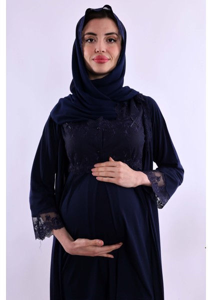 Lacivert Tesettürlü Uzun Sabahlıklı Hamile Lohusa Pijama Takımı BYL2T24072 indirimleri