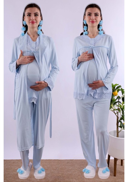 Ekru Sabahlıklı Hamile Lohusa Pijama Takımı BYL240342