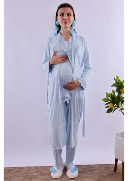 Ekru Sabahlıklı Hamile Lohusa Pijama Takımı BYL240342