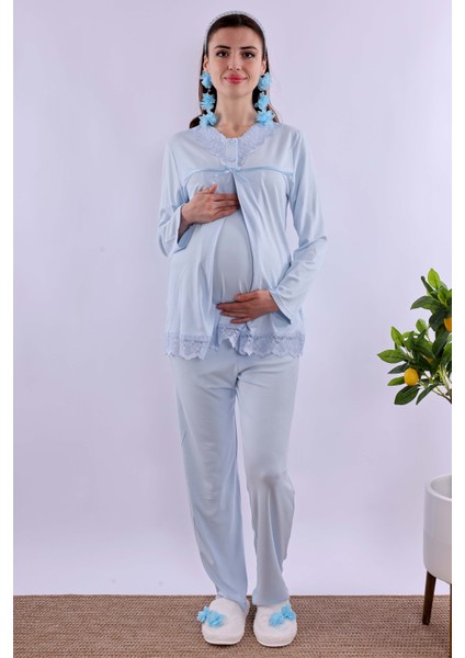Ekru Sabahlıklı Hamile Lohusa Pijama Takımı BYL240342