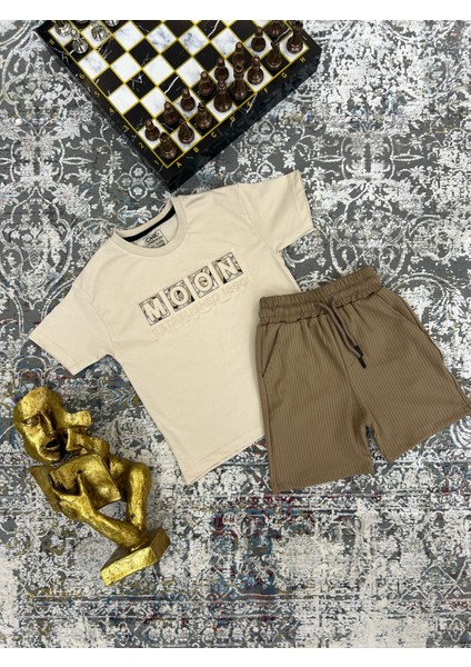 Erkek Çocuk "moon" Baskılı Tişört ve Ribanalı Şort Takımı - %100 Pamuk