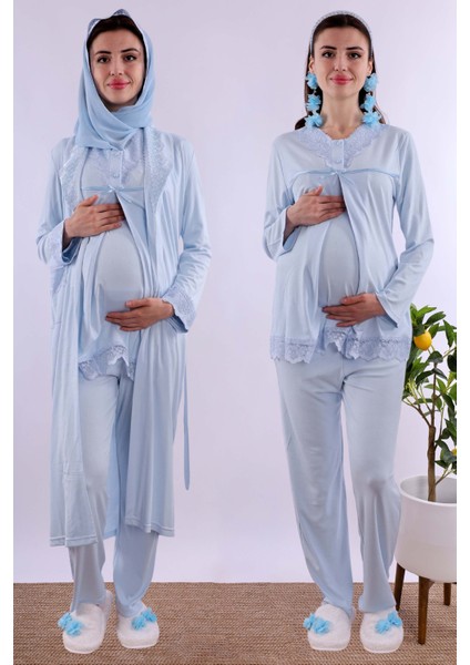 Pembe Tesettürlü Sabahlıklı Hamile Lohusa Pijama Takımı BYL2T40342