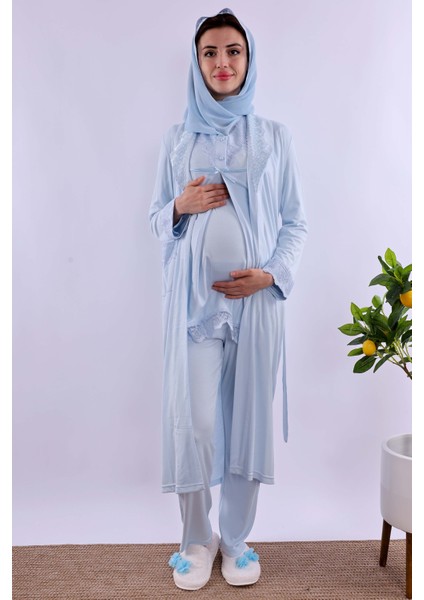 Pembe Tesettürlü Sabahlıklı Hamile Lohusa Pijama Takımı BYL2T40342