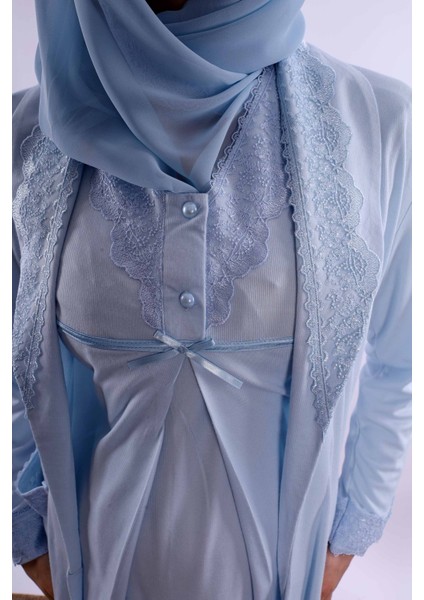 Pembe Tesettürlü Sabahlıklı Hamile Lohusa Pijama Takımı BYL2T40342