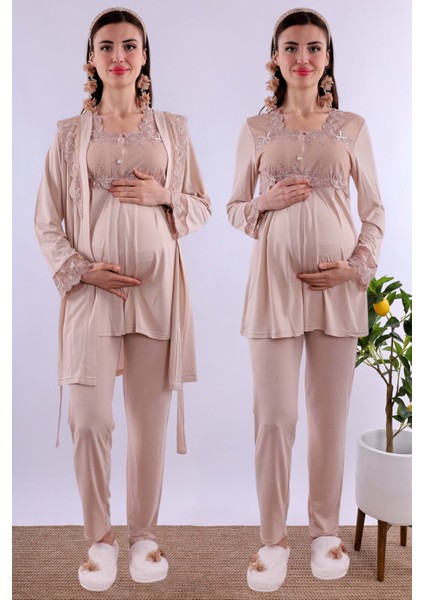 Kahverengi Sabahlıklı Hamile Lohusa Pijama Takımı BYL224012