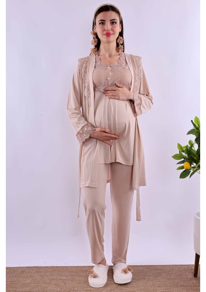 Kahverengi Sabahlıklı Hamile Lohusa Pijama Takımı BYL224012