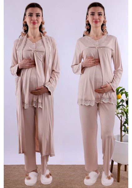 Ekru Sabahlıklı Hamile Lohusa Pijama Takımı BYL240342