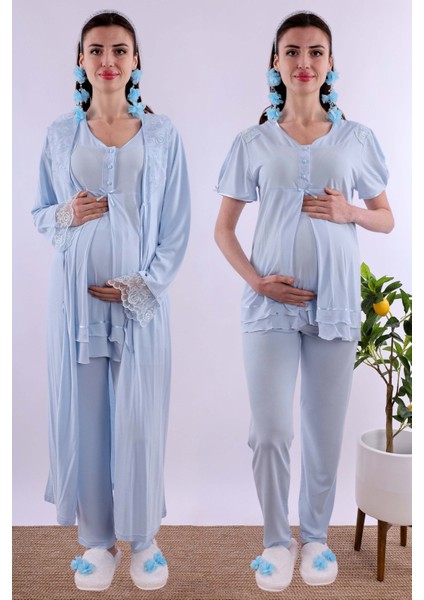 Mavi Sabahlıklı Hamile Lohusa Pijama Takımı BYL280242