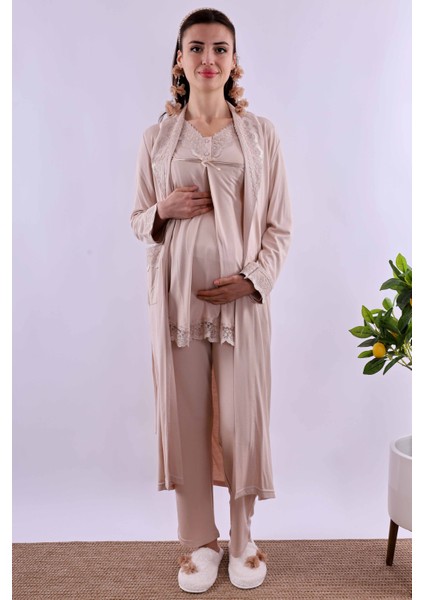 Ekru Sabahlıklı Hamile Lohusa Pijama Takımı BYL240342