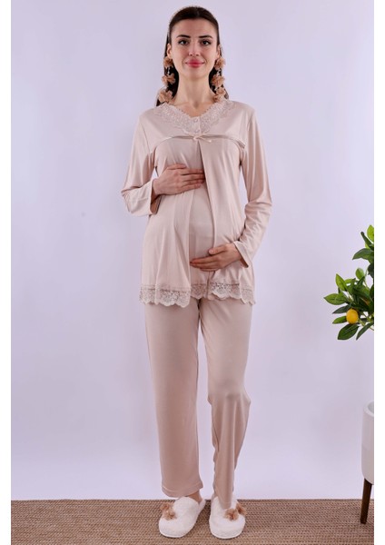 Ekru Sabahlıklı Hamile Lohusa Pijama Takımı BYL240342