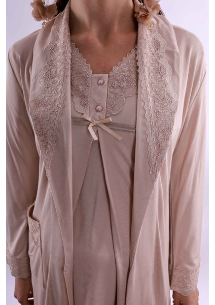 Ekru Sabahlıklı Hamile Lohusa Pijama Takımı BYL240342