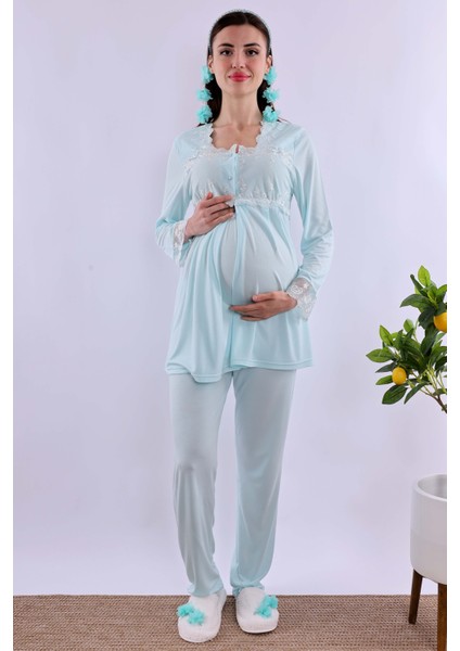 Kahverengi Sabahlıklı Hamile Lohusa Pijama Takımı BYL224012