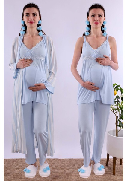 Lacivert Sabahlıklı Hamile Lohusa Pijama Takımı BYL290342