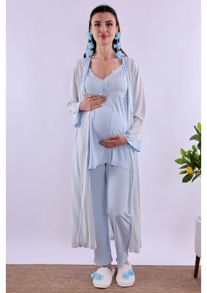 Lacivert Sabahlıklı Hamile Lohusa Pijama Takımı BYL290342