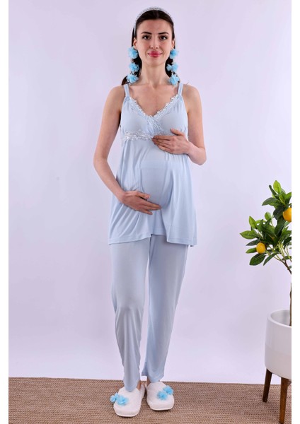 Lacivert Sabahlıklı Hamile Lohusa Pijama Takımı BYL290342
