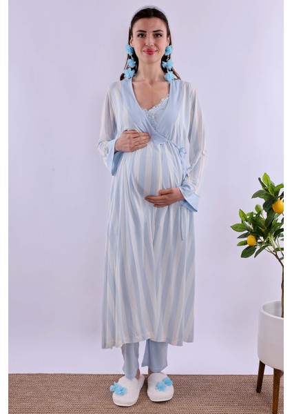 Lacivert Sabahlıklı Hamile Lohusa Pijama Takımı BYL290342