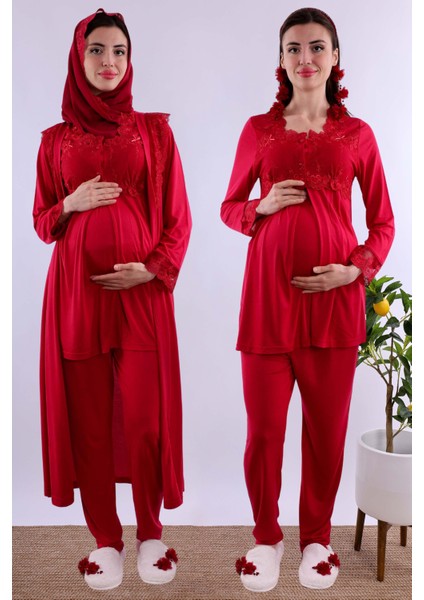Lacivert Tesettürlü Uzun Sabahlıklı Hamile Lohusa Pijama Takımı BYL2T24072