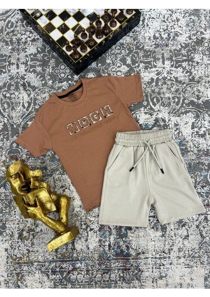 Erkek Çocuk "moon" Baskılı Tişört ve Ribanalı Şort Takımı - %100 Pamuk