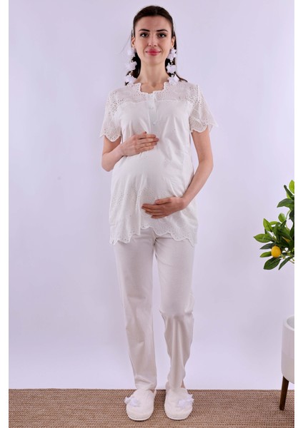 Ekru Fistolu Hamile Lohusa Pijama Takımı BYL290222