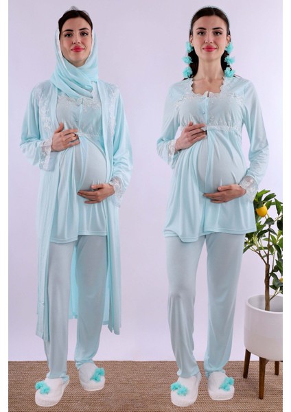 Lacivert Tesettürlü Uzun Sabahlıklı Hamile Lohusa Pijama Takımı BYL2T24072