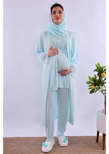Lacivert Tesettürlü Uzun Sabahlıklı Hamile Lohusa Pijama Takımı BYL2T24072 fiyatları