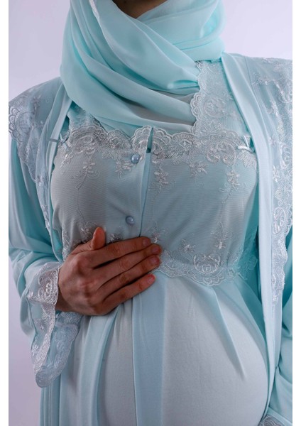 Lacivert Tesettürlü Uzun Sabahlıklı Hamile Lohusa Pijama Takımı BYL2T24072 indirimleri