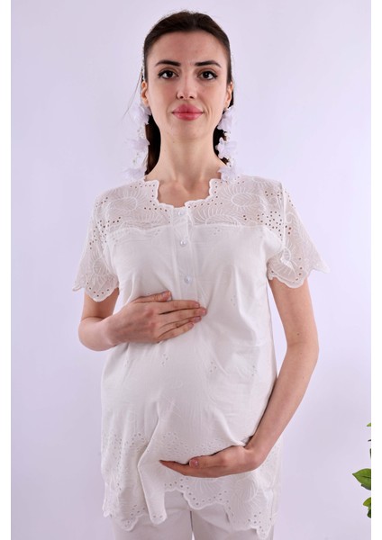 Ekru Fistolu Hamile Lohusa Pijama Takımı BYL290222