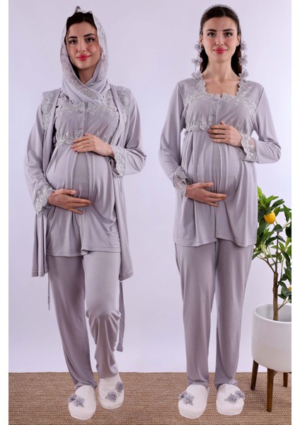 Gri Tesettürlü Sabahlıklı Hamile Lohusa Pijama Takımı BYL2T24012