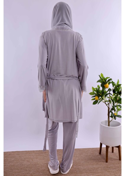 Gri Tesettürlü Sabahlıklı Hamile Lohusa Pijama Takımı BYL2T24012