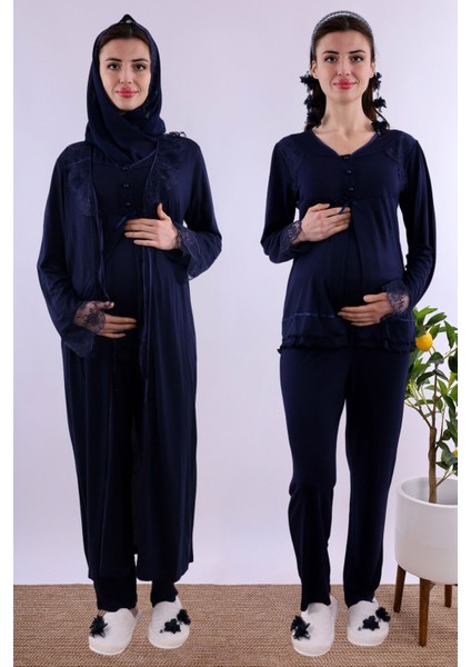 Ekru Tesettürlü Sabahlıklı Hamile Lohusa Pijama Takımı BYL2T24242