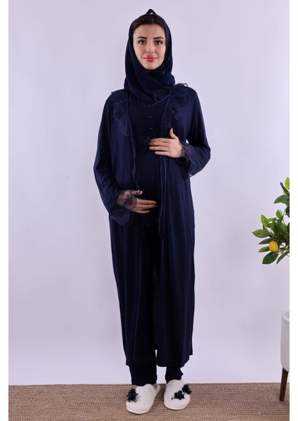 Ekru Tesettürlü Sabahlıklı Hamile Lohusa Pijama Takımı BYL2T24242