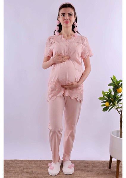 Ekru Fistolu Hamile Lohusa Pijama Takımı BYL290222