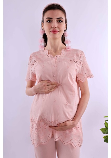 Ekru Fistolu Hamile Lohusa Pijama Takımı BYL290222