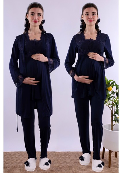 Kahverengi Sabahlıklı Hamile Lohusa Pijama Takımı BYL224012