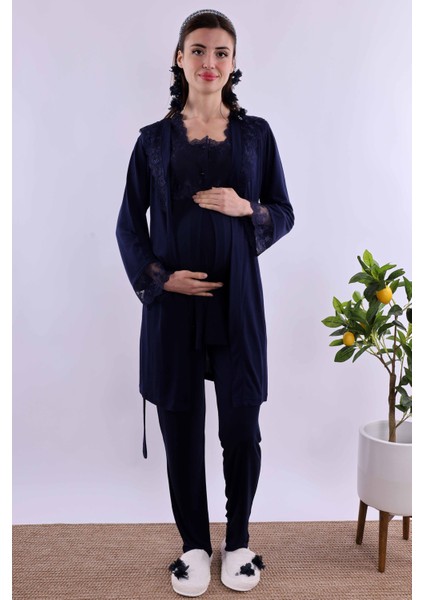 Kahverengi Sabahlıklı Hamile Lohusa Pijama Takımı BYL224012