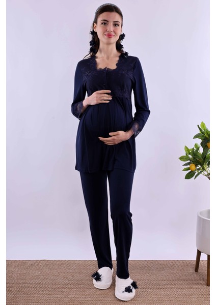 Kahverengi Sabahlıklı Hamile Lohusa Pijama Takımı BYL224012