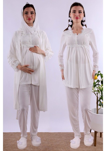 Gri Tesettürlü Sabahlıklı Hamile Lohusa Pijama Takımı BYL2T24012