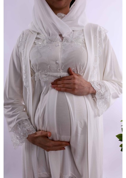 Gri Tesettürlü Sabahlıklı Hamile Lohusa Pijama Takımı BYL2T24012 indirimleri