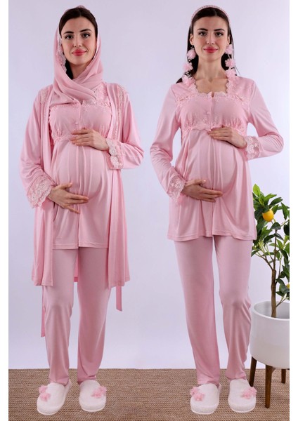 Gri Tesettürlü Sabahlıklı Hamile Lohusa Pijama Takımı BYL2T24012