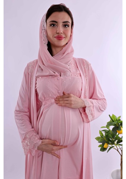 Gri Tesettürlü Sabahlıklı Hamile Lohusa Pijama Takımı BYL2T24012 fiyatları