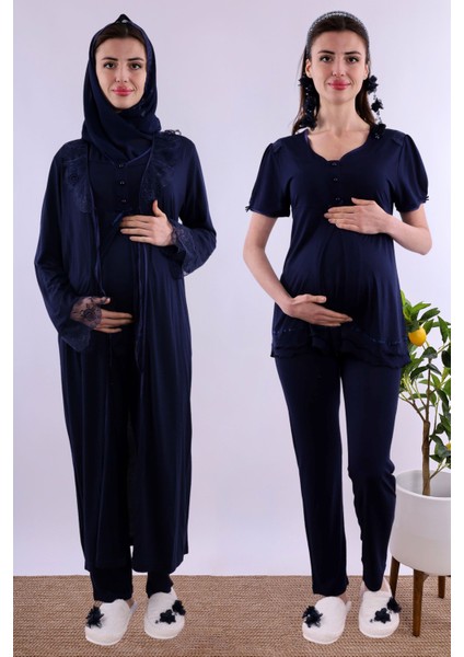 Lacivert Tesettürlü Sabahlıklı Hamile Lohusa Pijama Takımı BYL2T80242