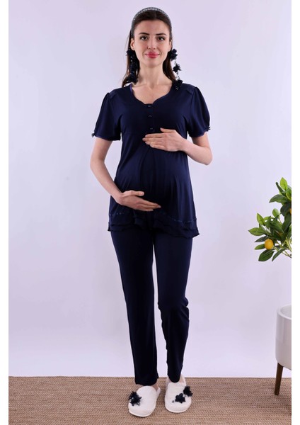 Lacivert Tesettürlü Sabahlıklı Hamile Lohusa Pijama Takımı BYL2T80242