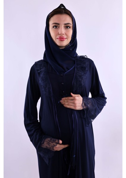 Lacivert Tesettürlü Sabahlıklı Hamile Lohusa Pijama Takımı BYL2T80242