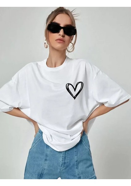 Unisex Baskılı Oversize T-Shirt - Beyaz