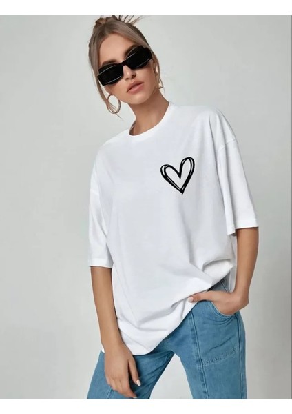 Unisex Baskılı Oversize T-Shirt - Beyaz