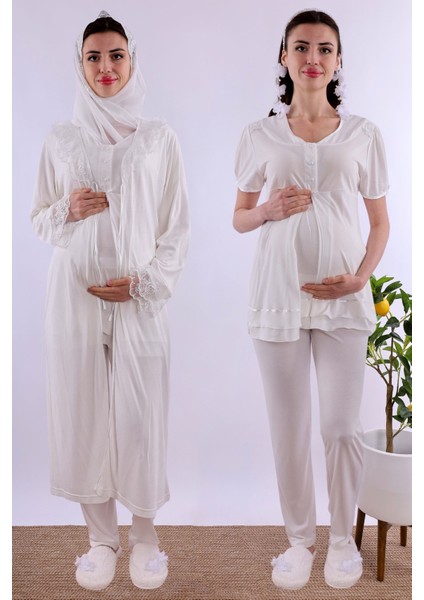 Lacivert Tesettürlü Sabahlıklı Hamile Lohusa Pijama Takımı BYL2T80242