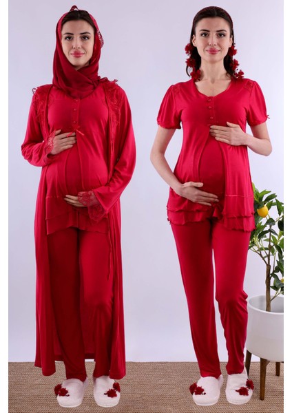 Lacivert Tesettürlü Sabahlıklı Hamile Lohusa Pijama Takımı BYL2T80242