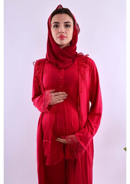 Lacivert Tesettürlü Sabahlıklı Hamile Lohusa Pijama Takımı BYL2T80242